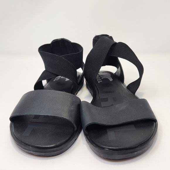 Sorel Women Ella Sandals Black Leather Size 6.5 Gladiator Stretch Straps Flats - Picture 3 of 8